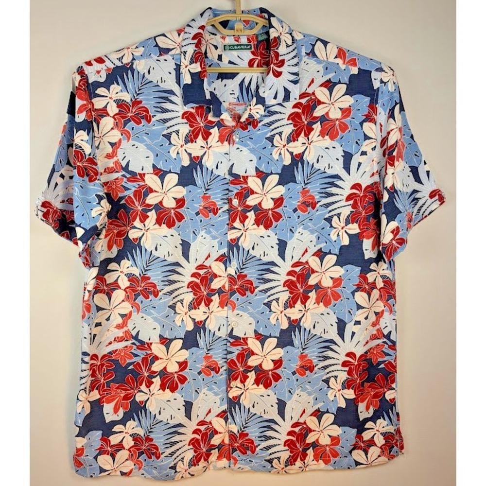 Cubavera Hawaiian Shirt Men XL Blue Red Floral Short Sleeve Camp 100% Rayon EUC